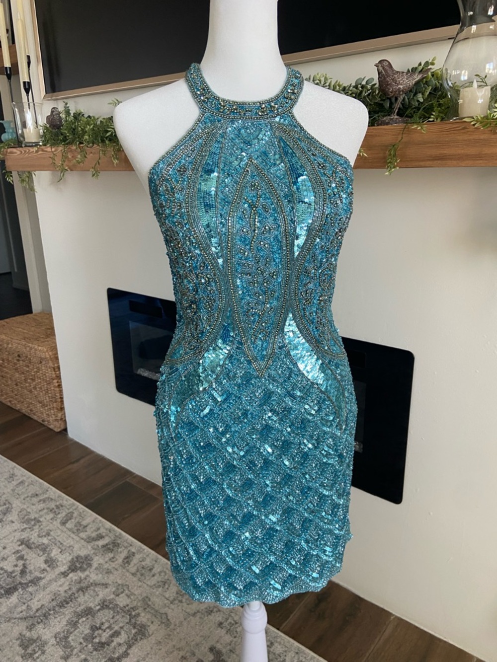 Sherri Hill Aqua Blue Beaded Halter Mini Dress